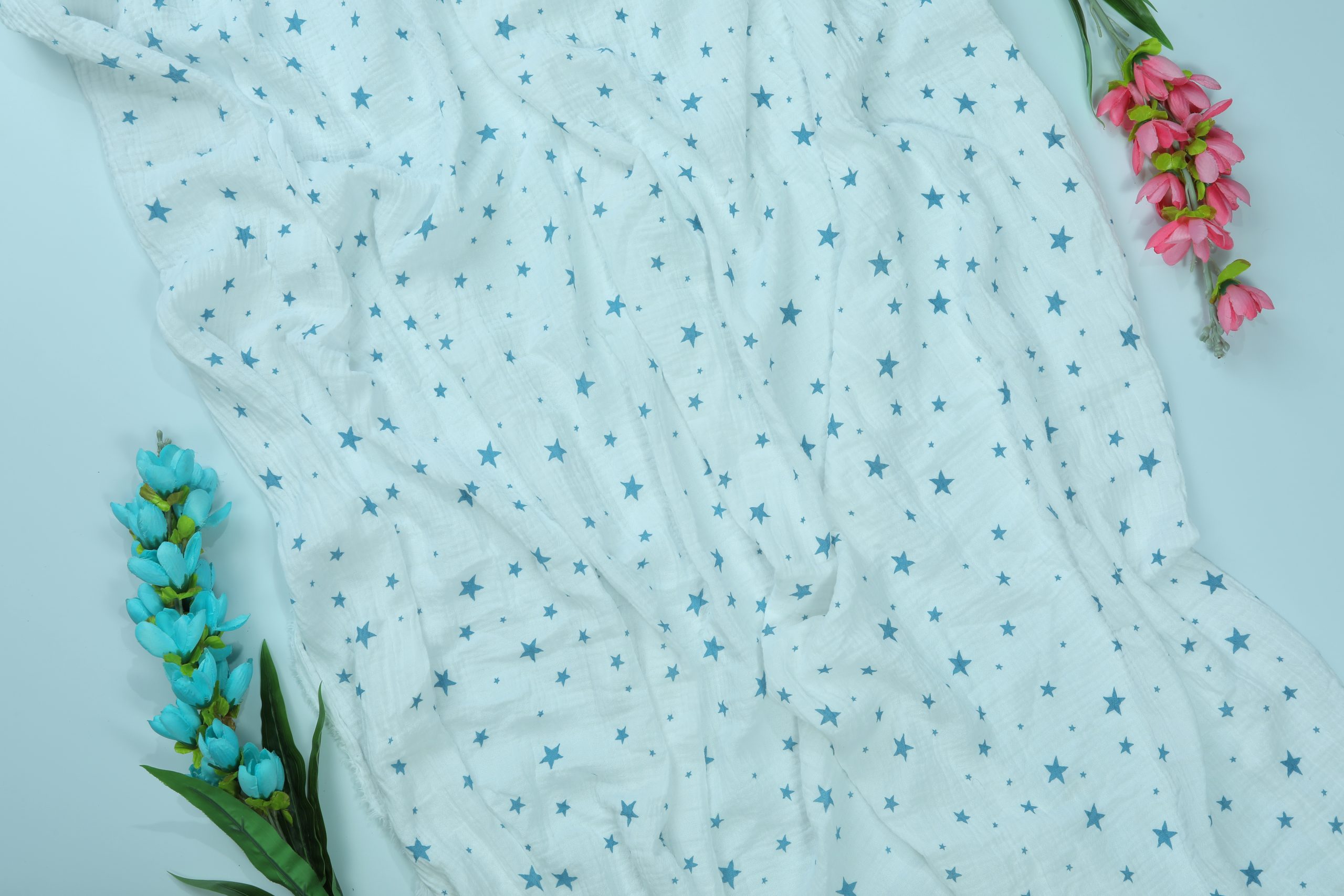 2-Layer Blue Star Print Muslin Fabric