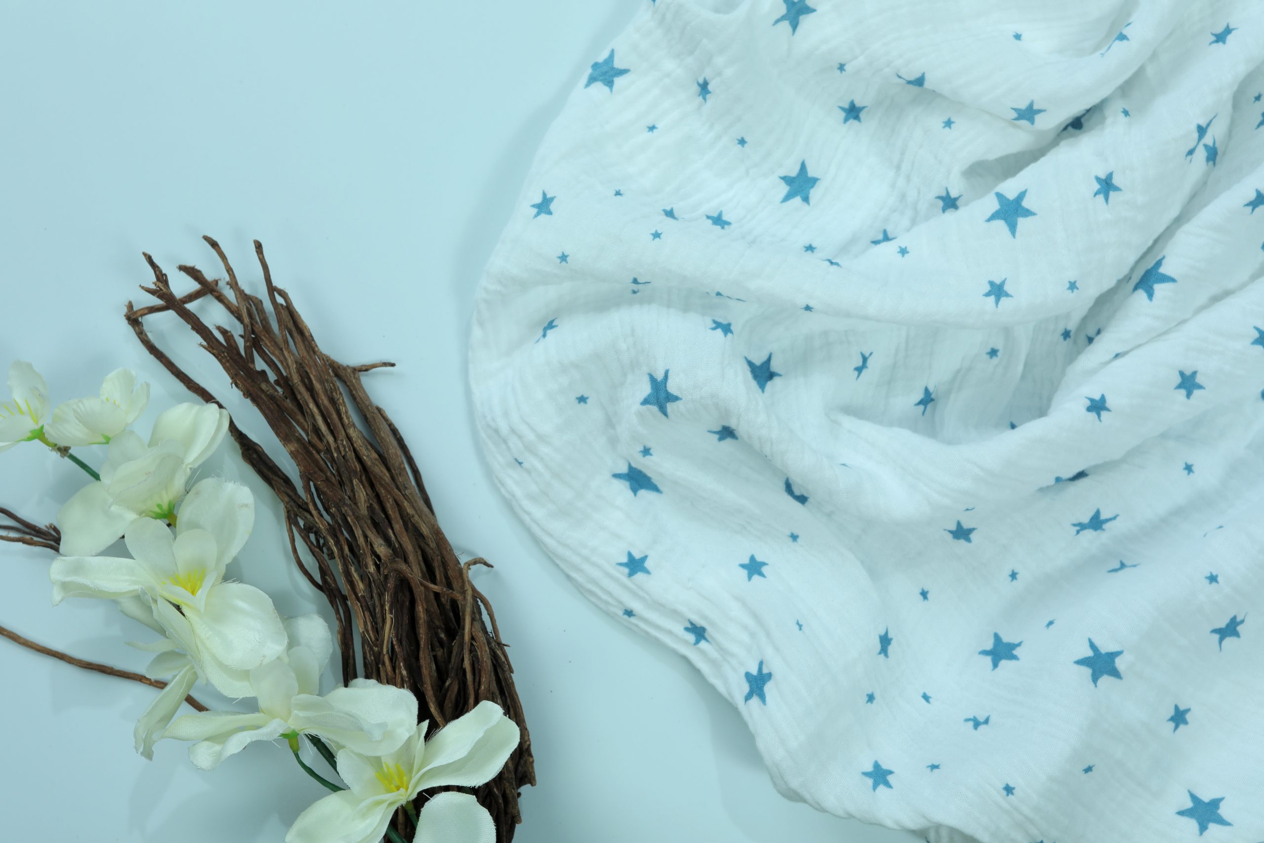 2-Layer Blue Star Print Muslin Fabric