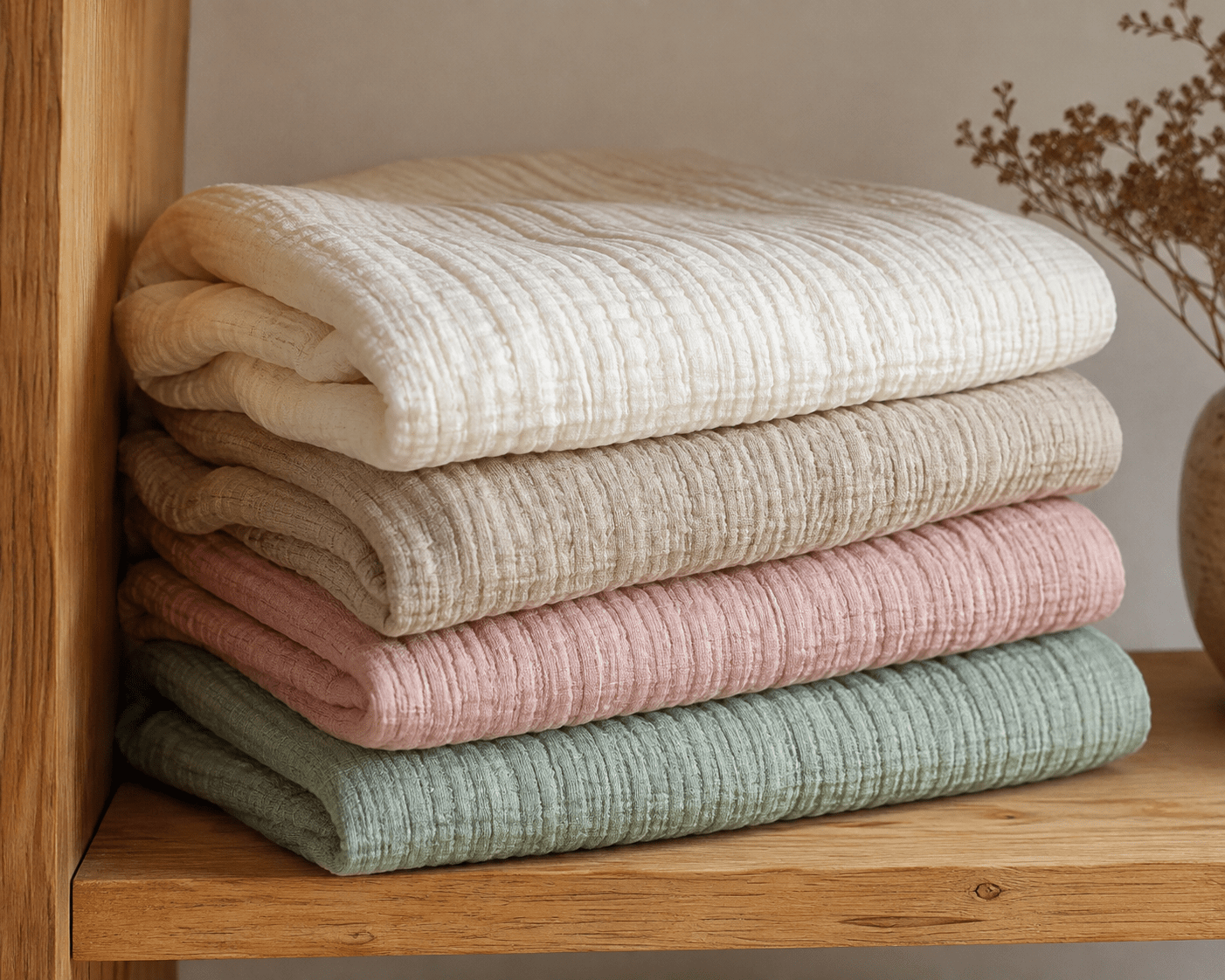 folded cotton double cloth muslin gauze fabric stack on wooden shelf