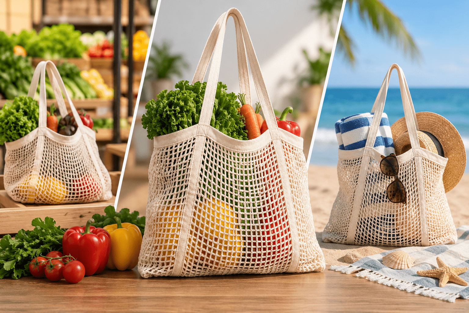 Mesh tote bag for shopping, grocery and beach use