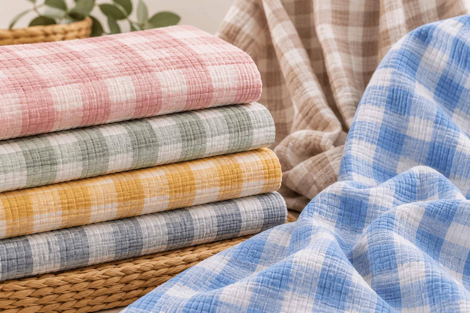 Muslin gauze crinkle fabric and muslin double cloth check fabric