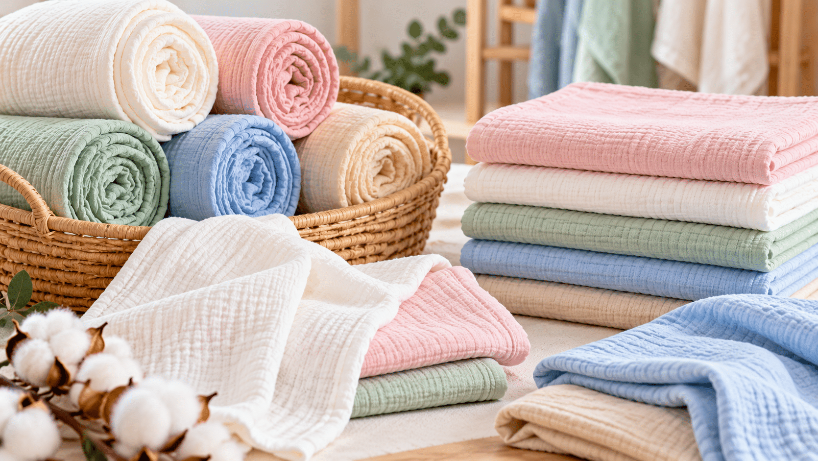 Pastel cotton muslin fabric rolls and folded baby swaddle cloths in multiple colours