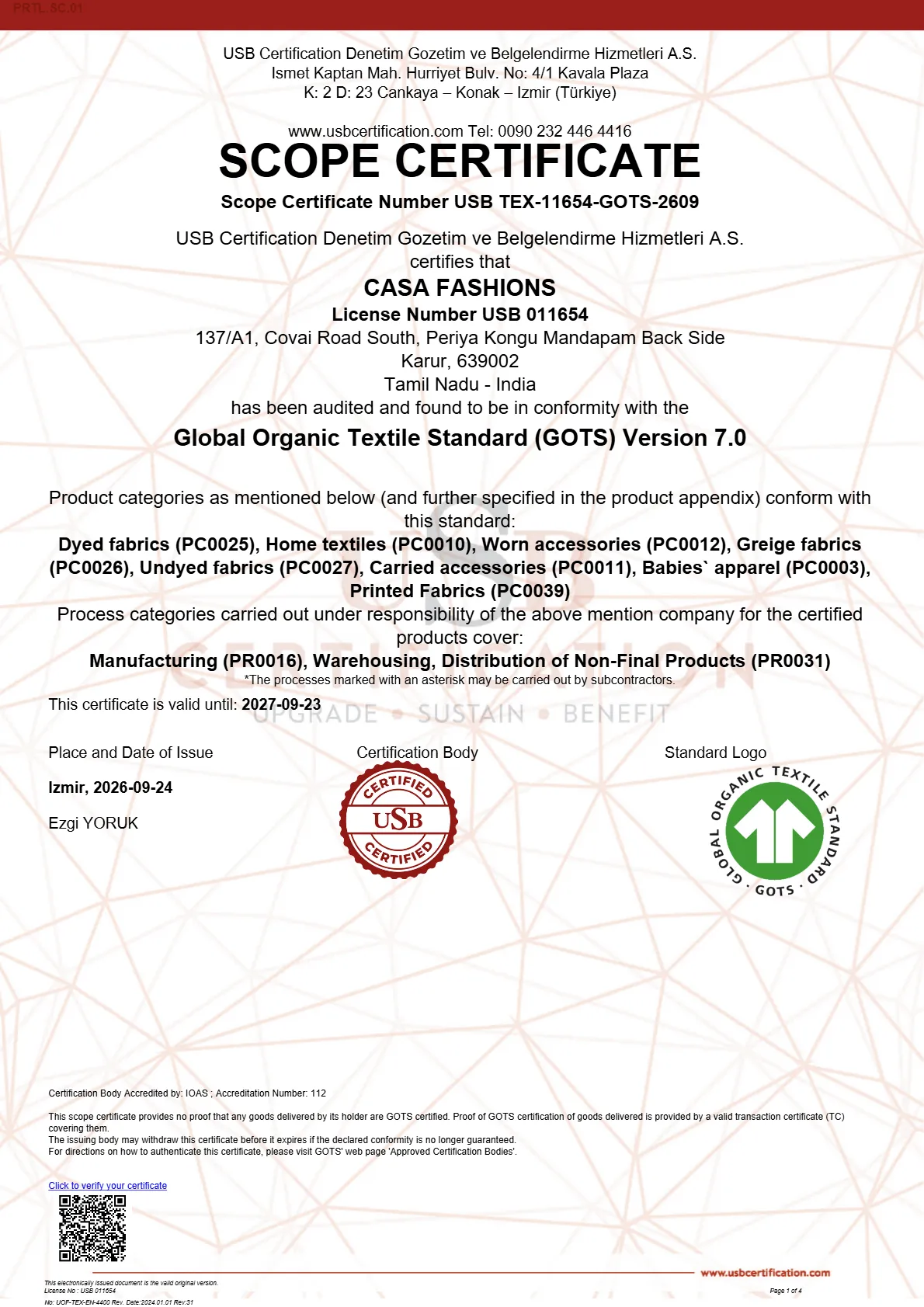 Casa Fashions certification document