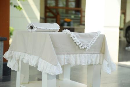 Cotton Beige Frilled Tablecloth, Placemat and Napkin