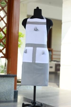 Grey White Apron with Tassels