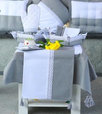 Grey White Tablecloth and Runner with Tassels