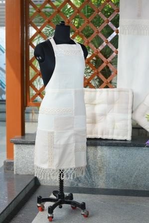 Ivory Beige Apron with Lace and Fringes