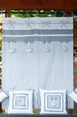 Yarn-Dyed Grey Curtain and Cushion with Frill and Bow