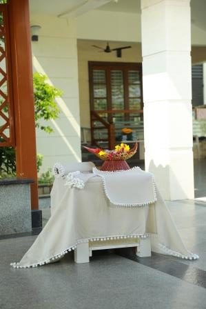 Linen Beige Tablecloth, Placemat and Napkin with Pompom